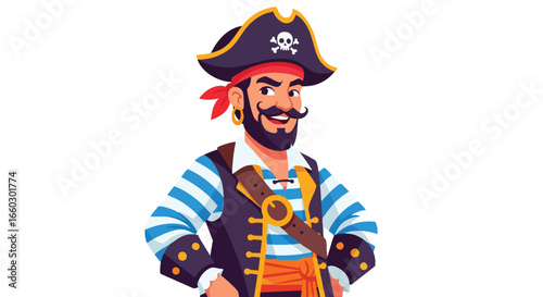 Cheerful cartoon pirate captain with a beard mustache and a tricorn hat featuring a skull and crossbones emblem.