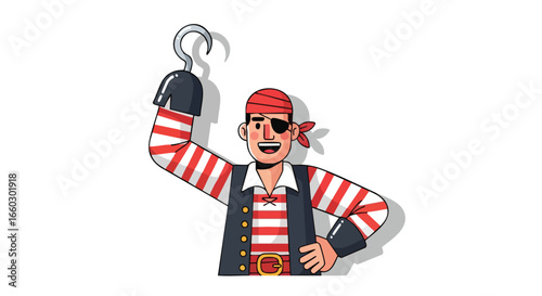 Cheerful cartoon pirate character with a hook hand eyepatch and red bandana waving.