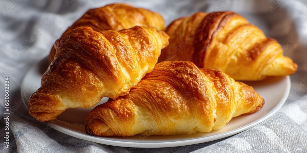 Four golden croissants rest elegantly on a white ceramic plate, partially draped with a textured gray and white linen napkin.