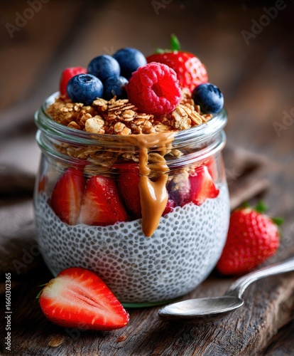 Chia seed pudding with berries and granola