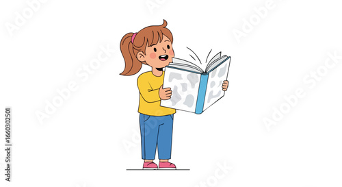 Cute cartoon girl with a ponytail standing and reading a large open book aloud looking excited and happy.