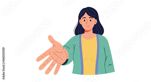 Friendly woman with dark hair extending her hand in a welcoming gesture.