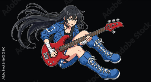 Anime girl with electric bass guitar, dynamic pose, stylish rocker outfit, musical vector illustration for pop culture art, posters, and designs