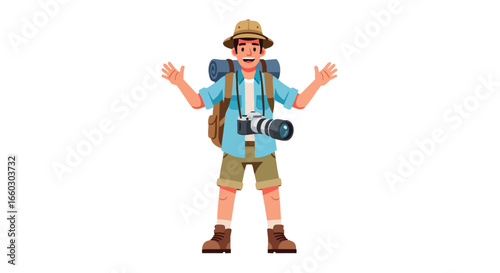 Happy male traveler cartoon character with a backpack camera and safari hat ready for adventure.