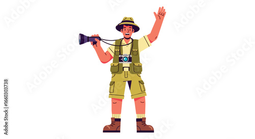 Happy male explorer character in a safari outfit with cameras waving hello.