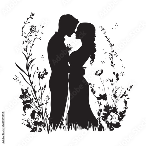 Silhouette Of Bride And Groom. Romantic Wedding Couple Under Floral Arch