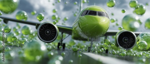 A futuristic green airplane on a runway, surrounded by floating translucent green bubbles, symbolizing sustainable aviation and eco-friendly travel technology.