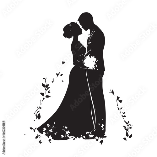 Silhouette Of Bride And Groom. Romantic Wedding Couple Under Floral Arch
