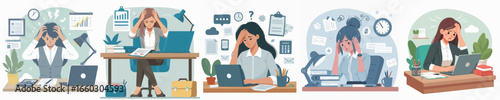 Flat Illustration Overworked Woman Suffering from Headache at Desk Icon