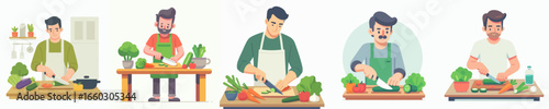 Flat Illustration Variety Man Preparing Fresh Vegetable in Kitchen Culinary Scene
