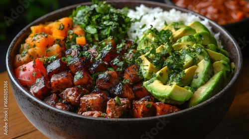 Fototapeta Naklejka Na Ścianę i Meble -  色とりどりの食材が詰まったボウル料理 アボカド 野菜 葉物 肉 ご飯 グルメ
