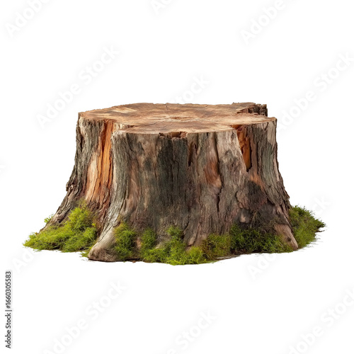 An ultra realistic photograph of a tree stump, isolated on a white background,