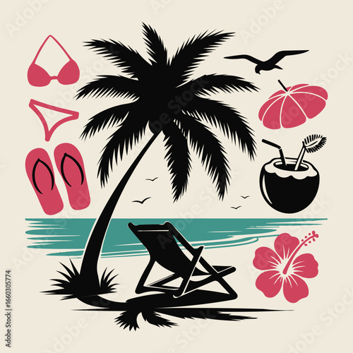 Tropical Beach Vacation Illustration with Palm Tree, Bikini, and Summer Icons