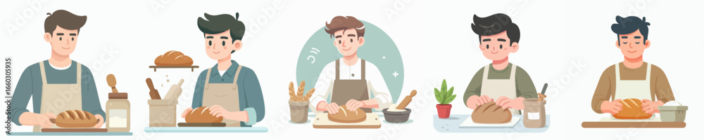 Flat Style Diverse Man Making Bread at Table Illustration Asset Flat Style Diverse Man Making Bread at Table Illustration Asset