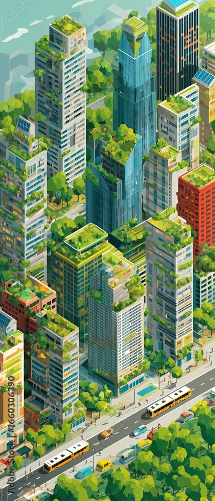 Obraz premium Isometric view of a futuristic green city with skyscrapers covered in lush gardens, showcasing sustainable urban living and clean energy.