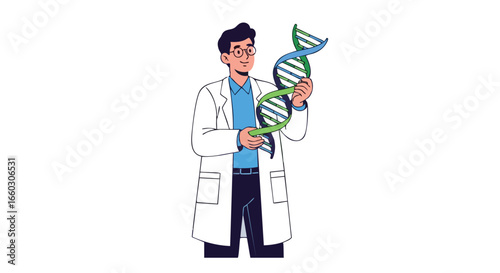 Male scientist in a white lab coat holding and examining a DNA double helix model.