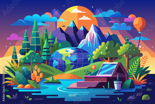 Explore the world and connect from anywhere with a modern laptop, stunning landscape, and vibrant sunset, perfect for travel and business, inspiring global collaboration