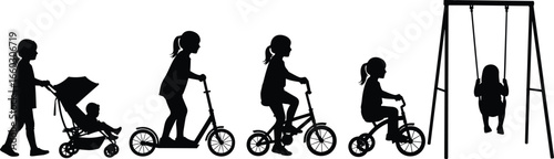 PrintSilhouettes of child growing from stroller to swing, scooter, bicycle with and without training wheels, development vector illustration for childhood themes