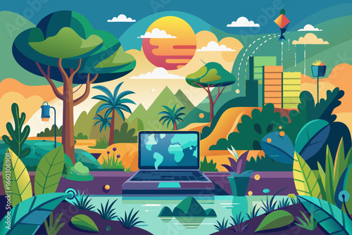 Laptop on nature scene with world map, ideal for travel, technology, and global business concepts, perfect for modern design projects and visual storytelling