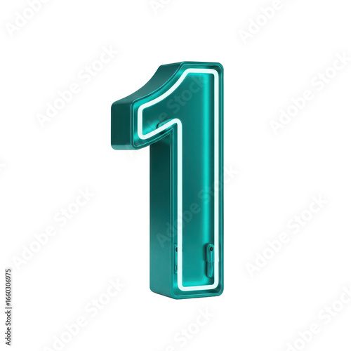 Bright turquoise 3d neon number one glowing with a vibrant light against a transparent background