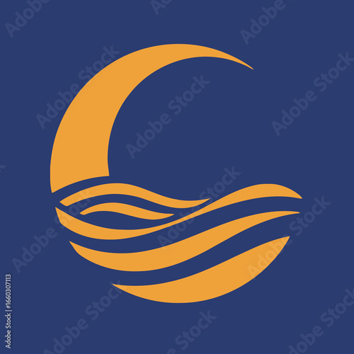Minimalist vector icon of a rising sun or crescent moon over waves, enclosed within a perfect circle.