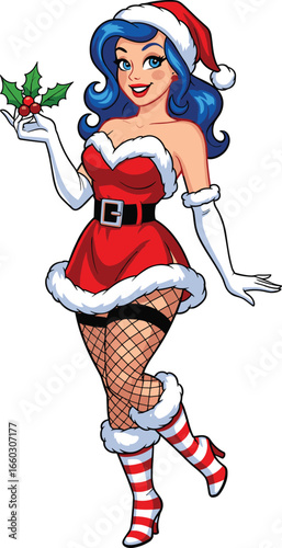 Sexy cartoon woman in Santa costume holding mistletoe, pin-up style Christmas character, festive red outfit illustration for holiday and seasonal vector content