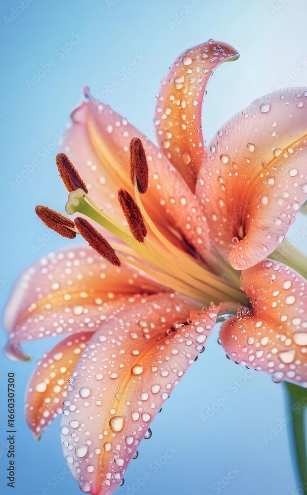 Fototapeta premium オレンジとピンク色のユリの花水滴と青色の背景にマクロ撮影