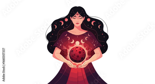 Serene celestial goddess with moon phases in her hair holding a red lunar orb.