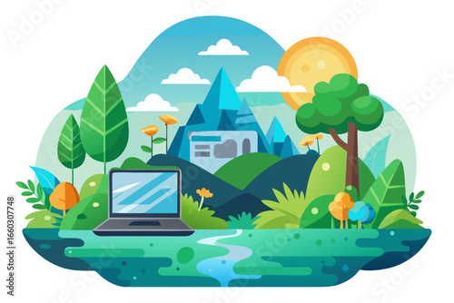 Laptop on nature scene with mountains and trees, ideal for remote work, travel, or digital nomad lifestyle, vibrant, modern design, creative concept, work from anywhere, online business