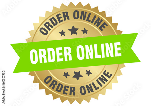 order online. order online round green and gold label isolated on transparent background
