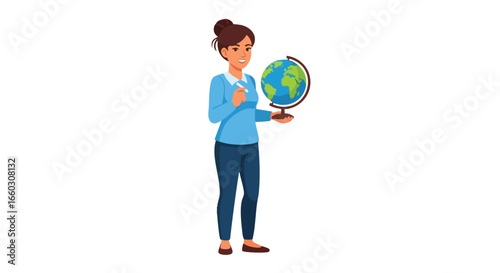 Smiling female teacher with a hair bun holding a world globe and a piece of chalk.