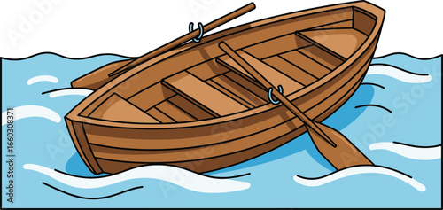Wooden rowboat floating on gentle blue water, nautical vector illustration for marine themes, boating graphics, outdoor adventure, sea travel content