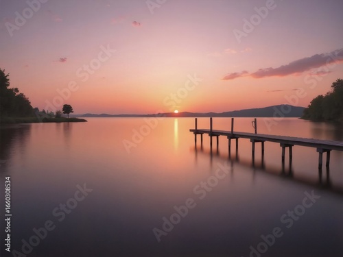 Wallpaper Mural 夕焼け時の湖畔の桟橋 穏やかな水面と夕焼け空の美しい景色 Torontodigital.ca