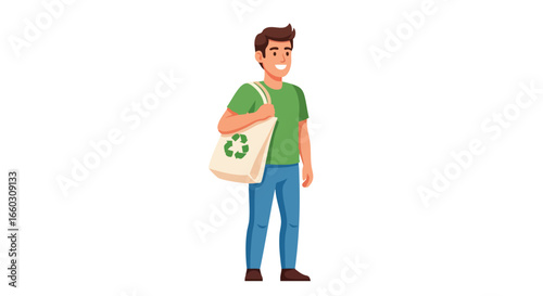 Smiling young man in casual clothes carrying a reusable tote bag with a green recycling symbol.