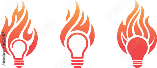 Set of three light bulb icons with flames, representing a fiery idea or creative spark.