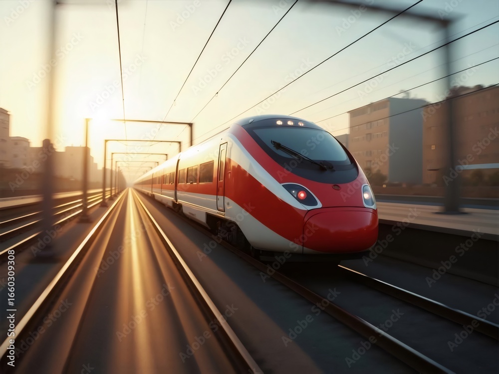 Naklejka premium 高速鉄道が夕焼け空の下を疾走 赤と白の車体が光る都市風景