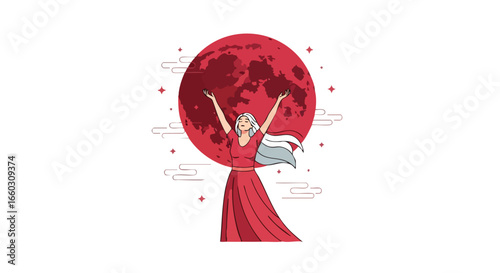 Spiritual woman with long white hair raising her hands to a large red blood moon.