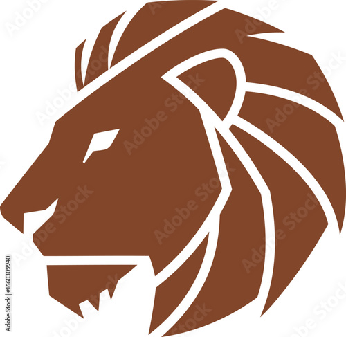 Stylized lion head profile illustration in a bold brown and white style. A modern logo representing strength, courage, and power.
