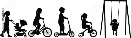 PrintSilhouettes of children playing with stroller, bicycle, scooter, tricycle, and swing, playground activity vector illustration for mobility and childhood themes