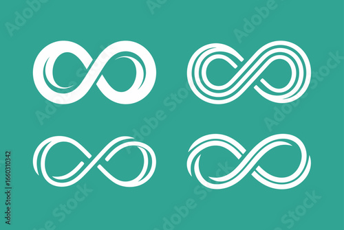 A set of four white infinity symbols with different styles, representing eternity, recycling, or limitless possibilities.