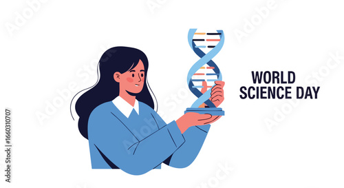 World Science Day illustration of a female scientist holding a DNA double helix model.