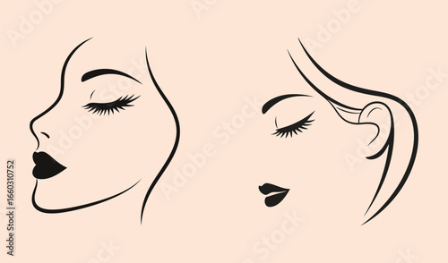 Two minimalist line art illustrations of a woman's face in profile and from a different angle, ideal for beauty, cosmetics, or wellness.