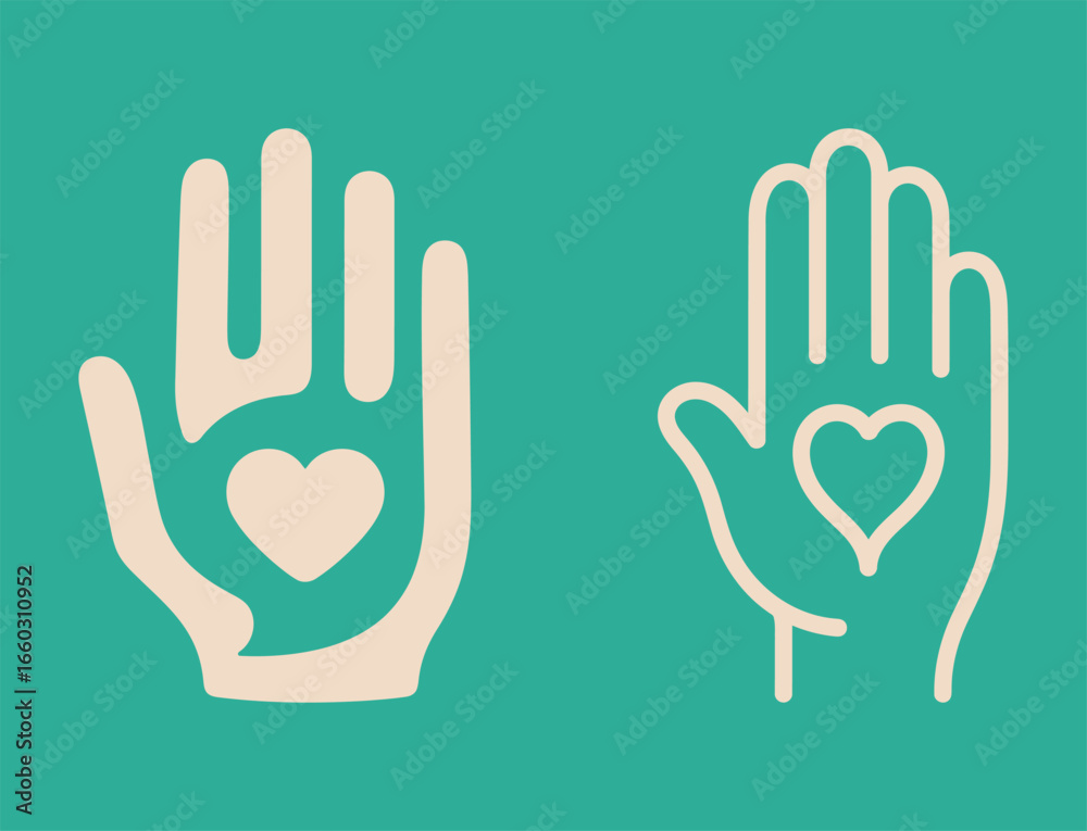 Obraz premium A set of two hand icons with a heart symbol in the palm, representing love, care, compassion, and charity.
