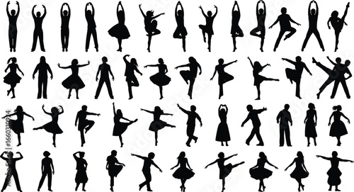 PrintSilhouettes of dancers in diverse dynamic poses showcasing ballet, partner coordination, expressive motion, and graceful performance art vector illustration collection