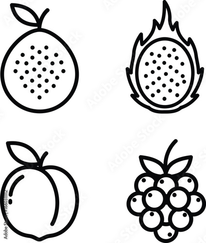 Four hand drawn tropical and berry fruit icons