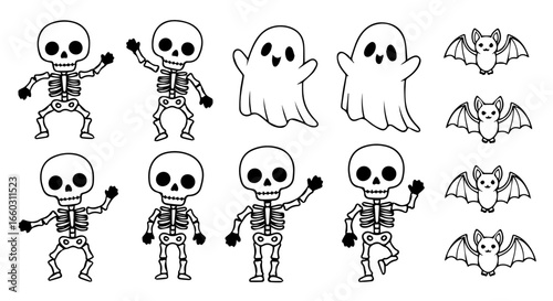 Spooky and cute Halloween concept featuring a set of illustrated characters like skeletons, ghosts, and bats isolated on white.