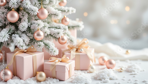 Pink Christmas gifts and flocked tree in blush and rose gold colors representing elegant holiday decor and romantic celebration with snow dusting for seasonal marketing, soft focus luxury