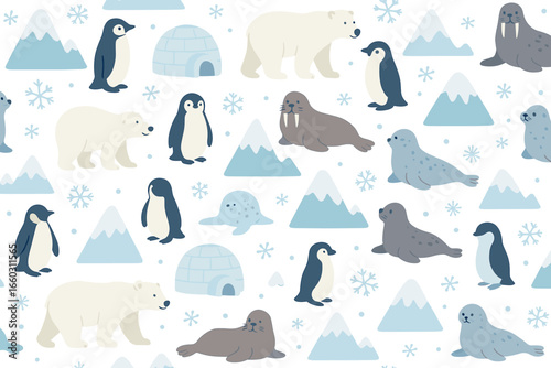 Arctic animals seamless pattern with penguins, polar bears, and seals in flat cute cartoon style