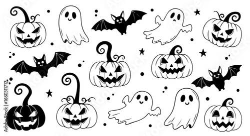 A collection of hand-drawn Halloween icons in black and white. Set includes spooky pumpkins, cute ghosts, and bats in a doodle style for holiday decoration.