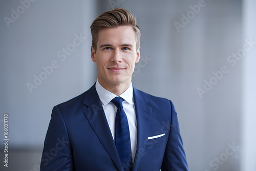A professional headshot of a man wearing a navy blue suit, white shirt, and tie. AI Generated 